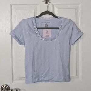 NWT Wild Skye Lace Trim Rib Knit‎ Baby Blue Cropped Short Sleeve Tee Size L/XL